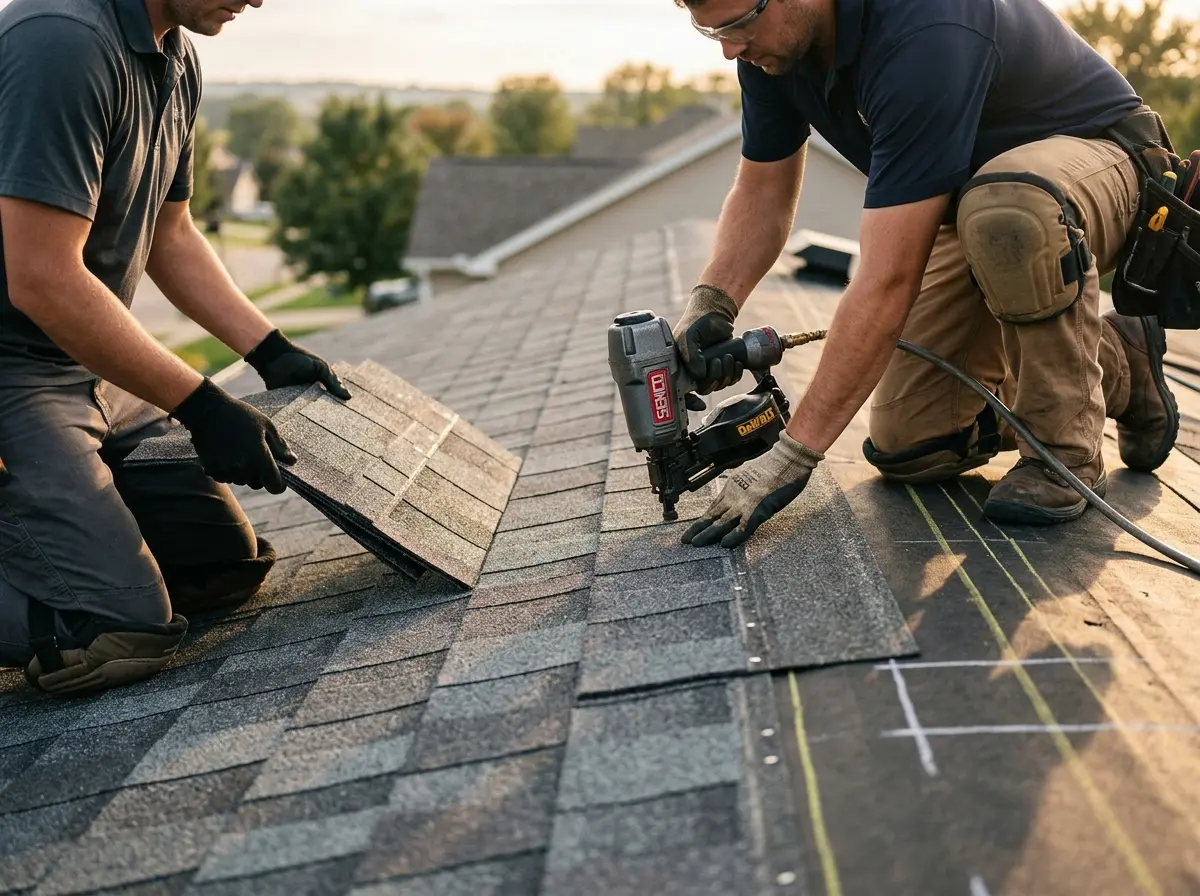 Professional roofer working on a residential roof in Walkersville